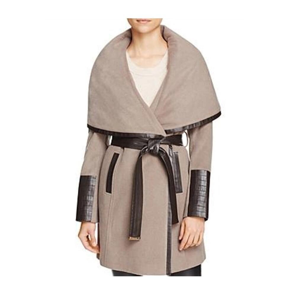 NWOT - VIA SPIGA Wool blend, Faux Leather, hooded, winter coat, Belted, size 6